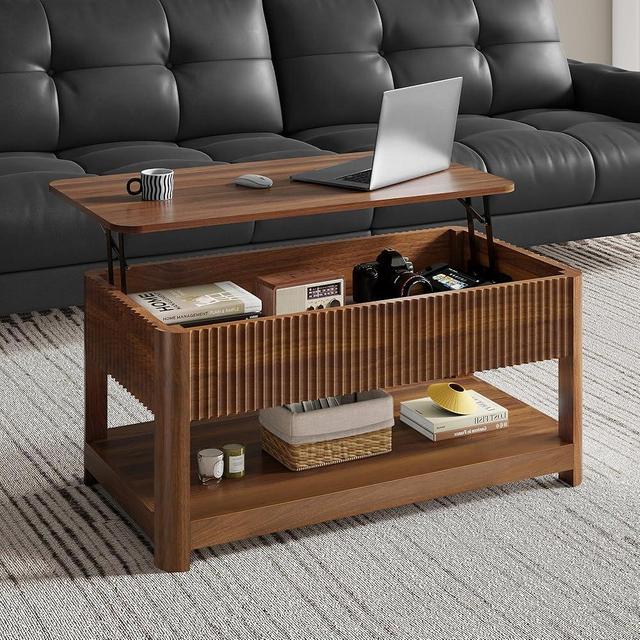 Nasonet Lift Top Coffee Table with Storage, Mid Century Modern Coffee Table with Hidden Compartment, Fluted Wood Center Table for Small Space, Living Room, Home Office(Walnut)