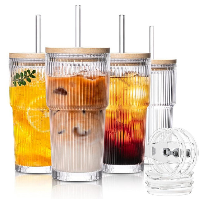 SoulTimes 20oz Glass Cups with Lids and Straws, Ribbed Glass Tumbler for Iced Coffee, Smoothie, Juice & Cold Drinks, Reusable Thick Glassware Set, Elegant Home & Travel Drinkware【4 Pack】
