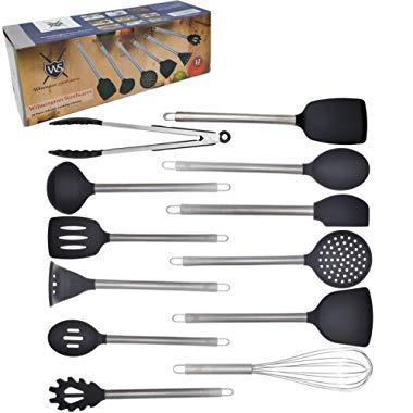 12 Piece Silicone and Stainless Steel Kitchen Cooking & Serving Utensil Set, Includes Solid Spoon, Slotted Turner, Slotted Spoon, Ladle, Skimmer, Tongs, Pasta Server, Potato Masher & Whisk