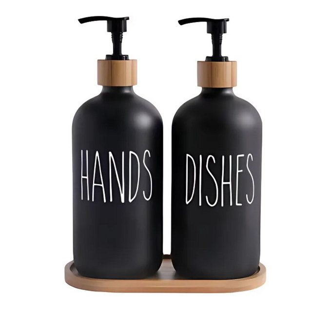 Kitcheniva Plastic Soap Dispenser Set with Bamboo Tray - For Bathroom and Kitchen, Black