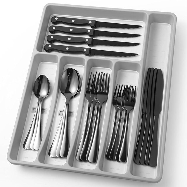 24-Piece Black Silverware Set with Organizer，Heavy Duty Stainless Steel Flatware Cutlery Tableware Set for 4，Includes 6-Compartment Silverware Tray with Cutlery Icons，Tableware Set with Steak Knives