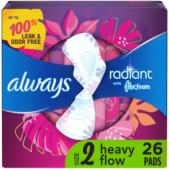 Always Radiant Flex Foam Heavy Flow Absorbency Pads with Wings - Scented - Size 2 - 26ct