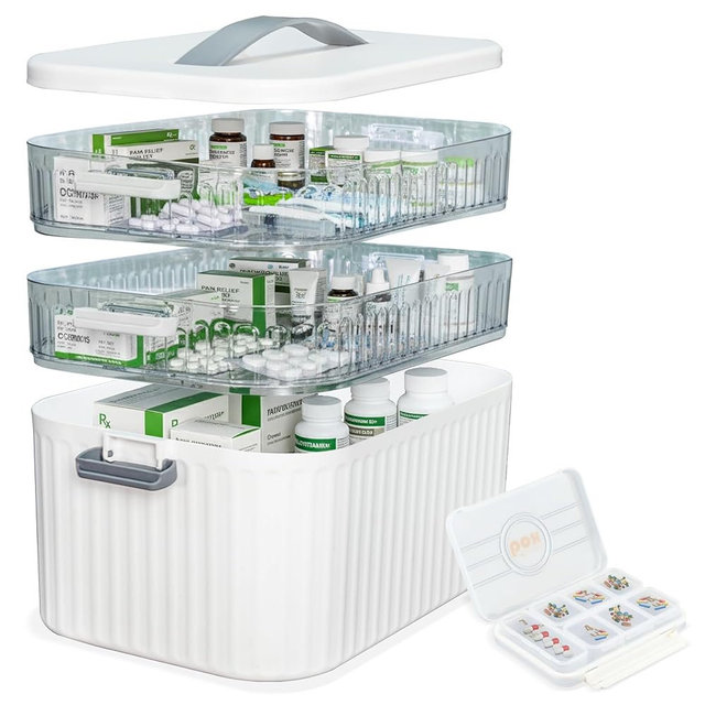 BAXLINE Multi-Tier Medicine Storage Box with Handle | Portable First Aid Organizer for Home, Office & Travel | Large Pill Storage Cabinet with Bonus 7-Day Pill Case (3-Tier & 4-Tier Variants) (3-Tier)