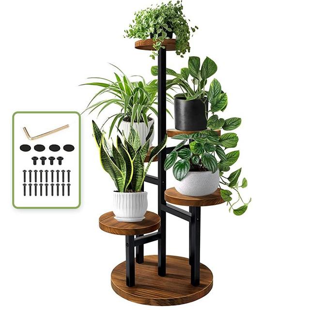 AUGOSTA 5 Tier Plant Stand, Corner Plant Stand, Tall Metal Wood Plant Shelf Holder for Indoor Plants, Outdoor Garden Plant Display Rack Flower Pot Stand for Corner Living Room Balcony Garden Patio