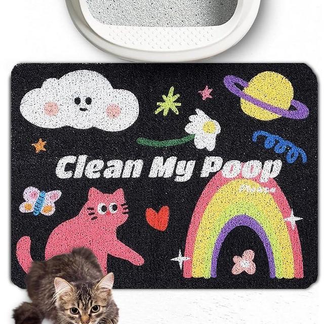 Lukamoo® Cute Cat Litter Mat (24’'x16’’), Large, for Kitty Litter & Cute Cat Litter Box, Cat Accessories for Indoor Cats, Clean My Poop (Rainbow Cat (Black))