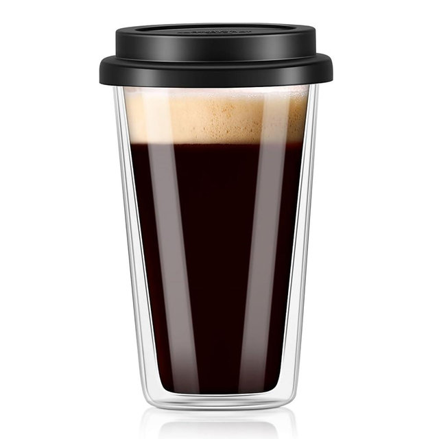 Freshmage Double Walled Glass Coffee Mugs with Silicone Lids,12 OZ Insulated Drinking Coffee Cups with Lids, Dishwasher Safe Reusable Glass Iced Coffee Cups for Morning Coffee, Hot or Cold Drink
