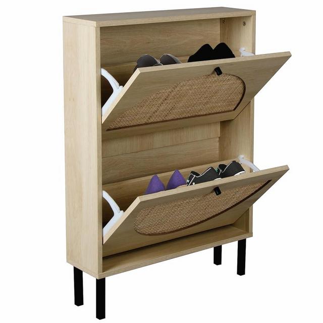 Goderfuu Rattan Shoe Cabinet Storage with 2 Flip Drawers, Shoe Storage Cabinet for Entryway Slim Shoe Organizer Cabinet, 2 Tier Narrow Shoe Cabinet Slim Shoe Rack Cabinet for Heels, Boots, Slippers