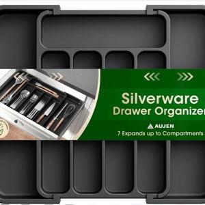 Silverware Organizer - Expandable Kitchen Drawer Organizer, Adjustable Utensil Organizer, Cutlery Tray for Forks, Knives, Multipurpose Kitchen Organizers and Storage Solution, Black, Medium