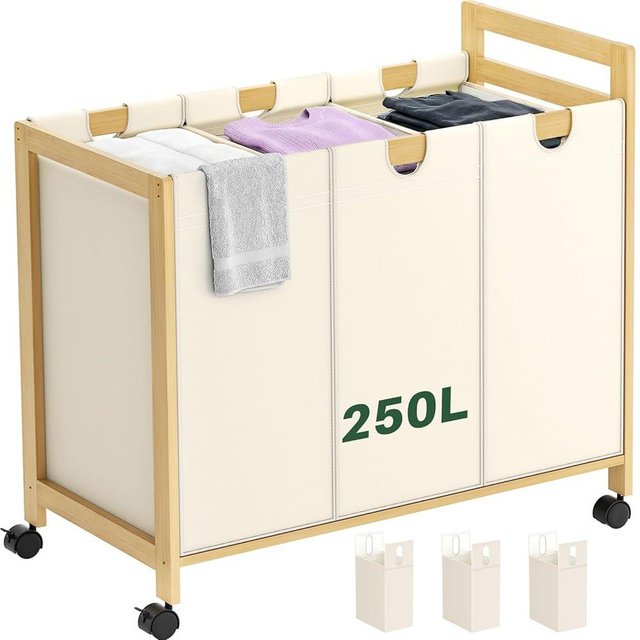 Homykic 250L Laundry Sorter, 3-Section Laundry Basket with Wheels, 66 Gal Rolling Laundry Cart with Removable Bags, Large Laundry Hamper Sorting Organizer, Bamboo Frame, Water-Resistant, Creamy White