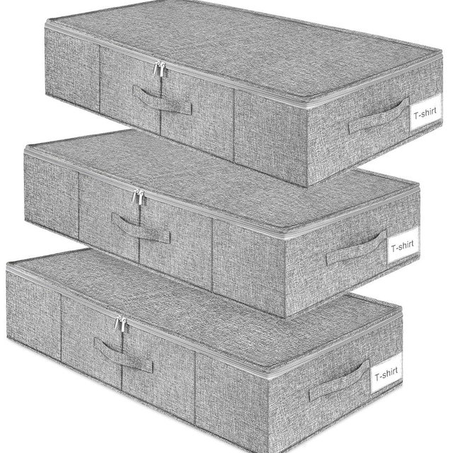 punemi Under Bed Storage, 3 Pack Underbed Storage Container Bags With Lid, Foldable Sturdy Clothes Storage Drawer Organizer W/ 3 Handles, Ultra Thick Fabric Blanket Shoe Storage Box, Grey