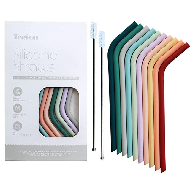 Tegion Reusable 6.7" Silicone Bendy Drinking Straws for Toddlers& Kids&Baby 6-12 oz Yeti/Rtic/Ozark Tumblers, Mason Jar,Take n toss Cup-Flexible Safe Fun Cute Thin for Chewing with Bendable Brushes