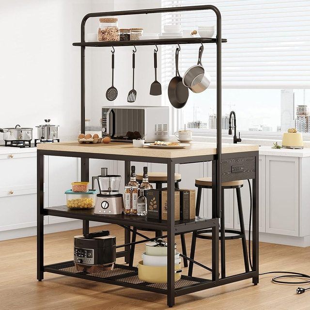Jocoevol Kitchen Island with Storage, Bakers Rack with Power Outlet, Island Table for Kitchen, Bakers Rack with Storage, Large Kitchen Island Table, Coffee Bar Table with Shelf,5 Racks, Grey