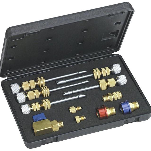 Mastercool 58490 R134a Valve Core Remover/Installer Kit – Works Under Pressure – Covers Standard, JRA, Eaton Cores – Includes Shafts, Adapters, R134a Fittings & Case