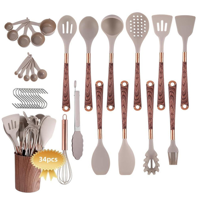 LiZza 34 Pcs Kitchen Utensils Set, 446oF Heat Resistant And Nonstick, Utensil Set with Holder, Nonstick Kitchenware Silicone Cooking Set, Non Toxic & BPA-Free, medium, Khaki