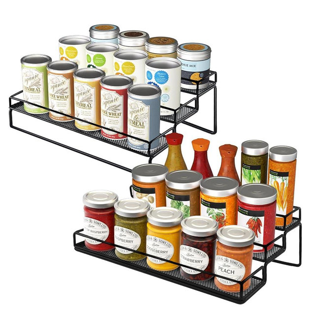IFELS Spice Rack Organizer for Cabinet, 3 Tier Widen Seasoning Organizer, Expandable Shelf,Step Storage Holder, Kitchen Cabinet Countertop,with Protection Railing, Metal (Black,3 Tier)