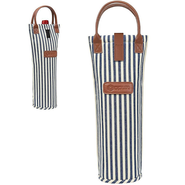 opux Wine Bag Single Bottle Carrier Tote, Insulated Travel Wine Cooler Bag for Picnic Beach Gift, Thermal Padded Portable One Bottle Holder Carrying Case for Women Men Wine Lovers, Navy White Stripes