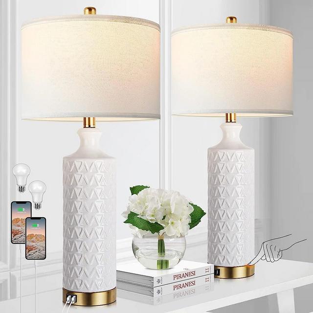 Touch Control Table Lamp Set of 2, Modern Contemporary Ceramic Bedside Lamps with 2 USB Ports, 3-Way Dimmable Nightstand Lamp with White Fabric Shade for Living Room, Bedroom (LED Bulbs Included)