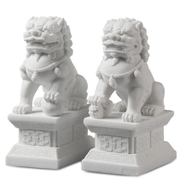 Feng Shui Wealth Prosperity Pair of Peking Fu Foo Dogs Statues White Marble Jade, Warding Off Evil Energy, Feng Shui Decor Figure,Gray,11cm