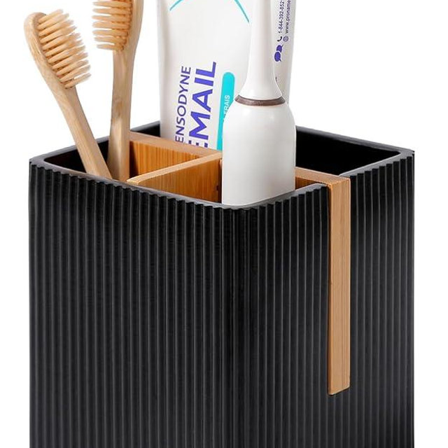 rejomiik Toothbrush Holders for Bathrooms Countertop, 3 Slots Electric Tooth Brushing and Toothpaste Storage Organizer Stand for Toiletries and Beauty Accessories, Matte Black