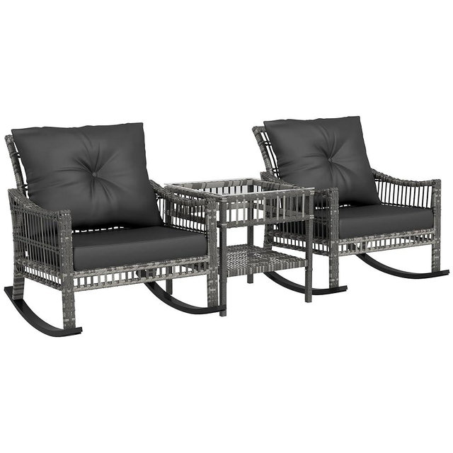 Outsunny Wicker Outdoor Rocking Chair Set, 3 Piece Patio Furniture Set with Padded Cushions and Storage Coffee Table, 2-Seater PE Rattan Bistro Set for Garden Backyard Porch, Gray