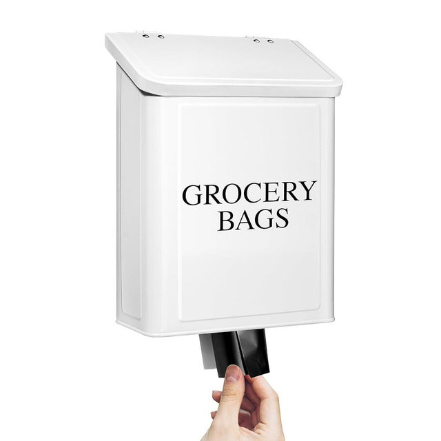 Calindiana Modern Farmhouse Metal Magnetic Grocery Bags Holder for Plastic Bags with LId and Kitchen Organizer and Storage Wall Mount Grocery Bag Dispenser Space Saving, White