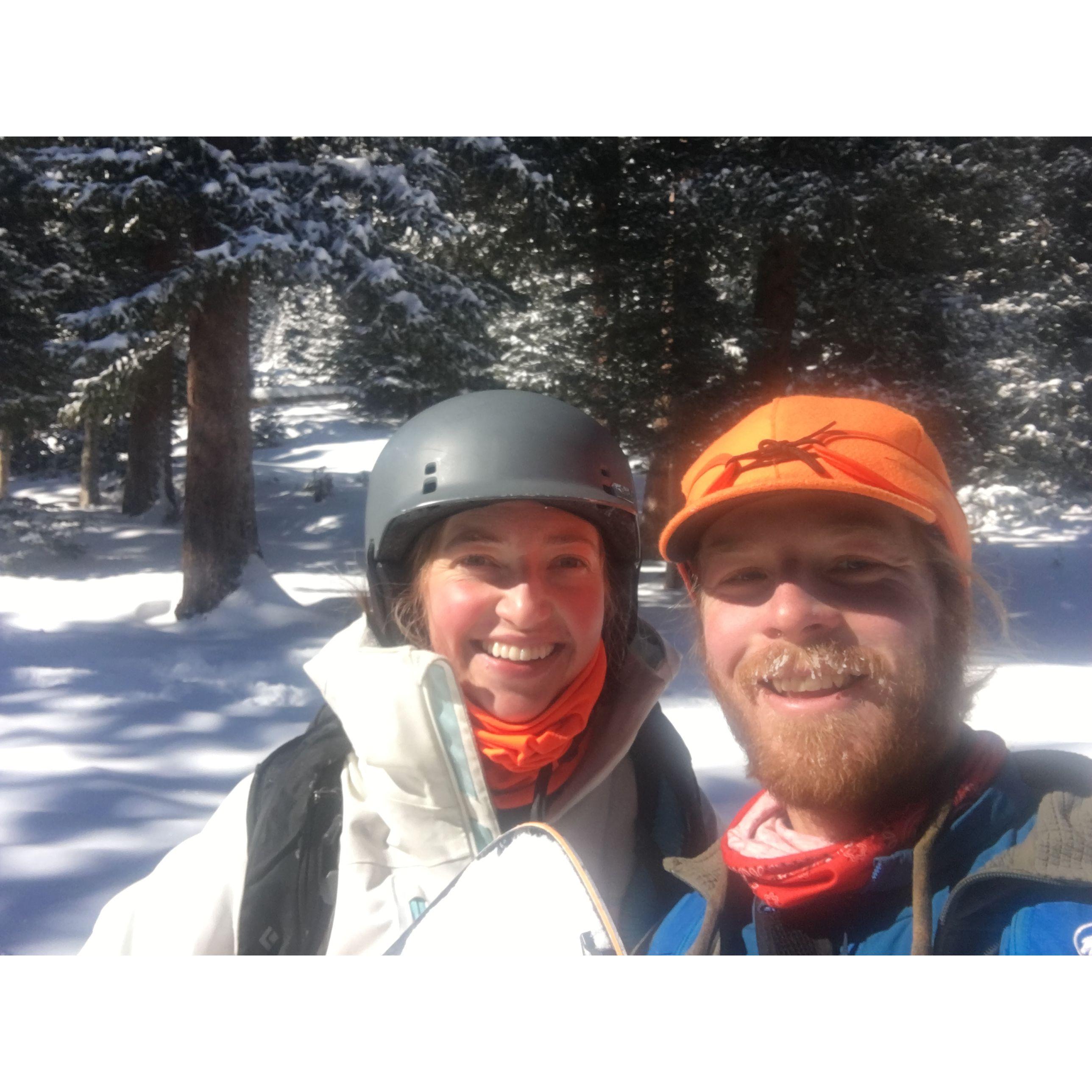 -10 degree snowboarding lesson. We both got sunburns, rookie mistake!