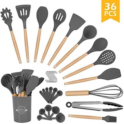 Duerer Silicone Kitchen Utensils Set with Holder, 12 Pcs Cooking Utensils Kit, Cooking Spatula Turner Heat Resistant Tools with Wooden Handle, Kitchen Gadgets Set for Nonstick Cookware (BPA FREE)