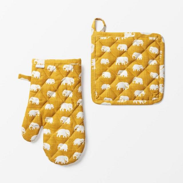 Oven Glove and Pot Holder Elefant Linen, Yellow
