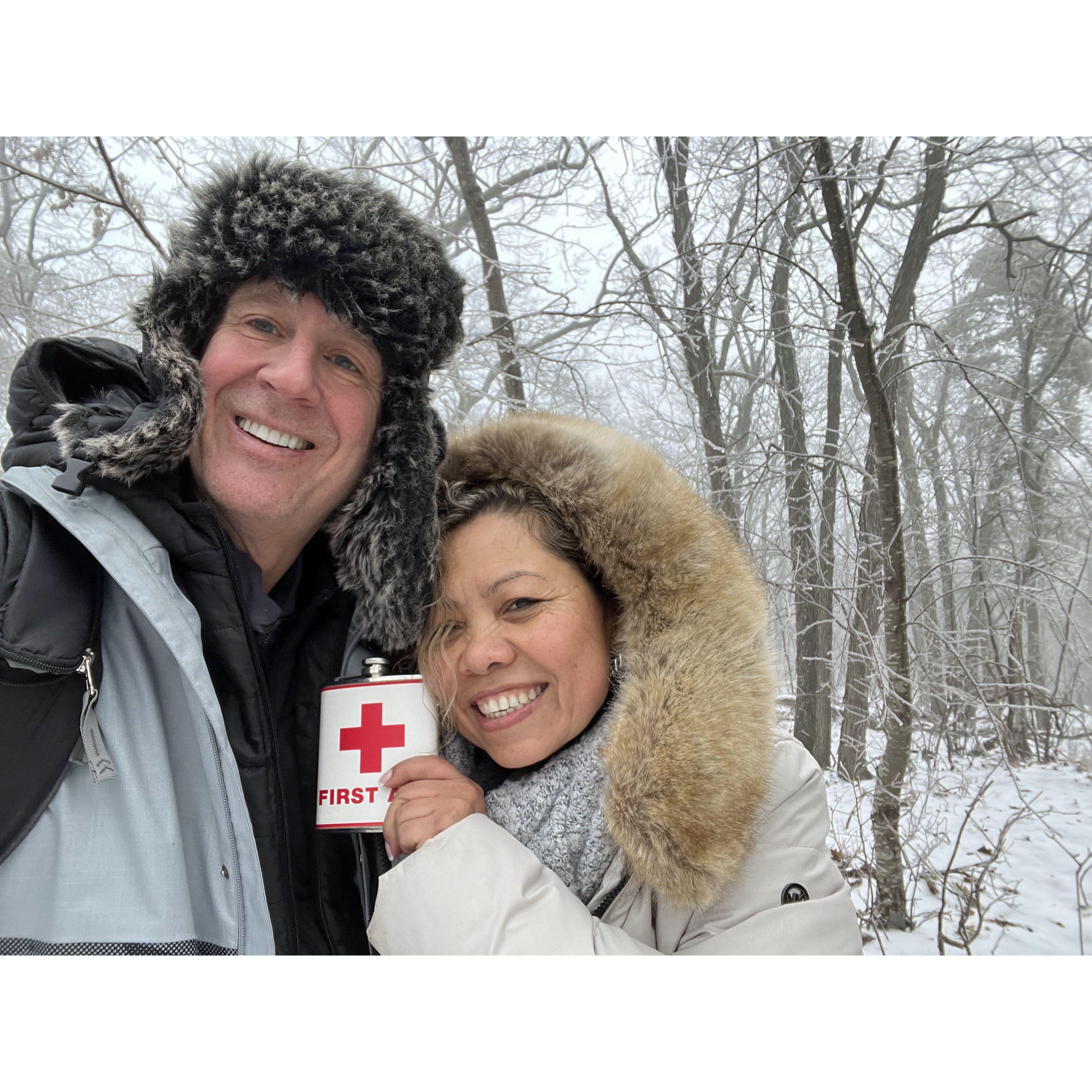 First Aid flask couldn't be more useful after a long hike in the cold weather. My kind of guy!