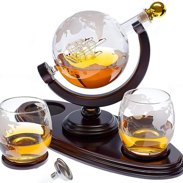 Globe Whiskey Decanter Gift Set by Royal Reserve | Handmade Home Bar Decor Airtight Liquor Dispenser with Scotch Glasses Coasters – Gift for Men Dad Boyfriend Husband Anniversary or Retirement 850 ML