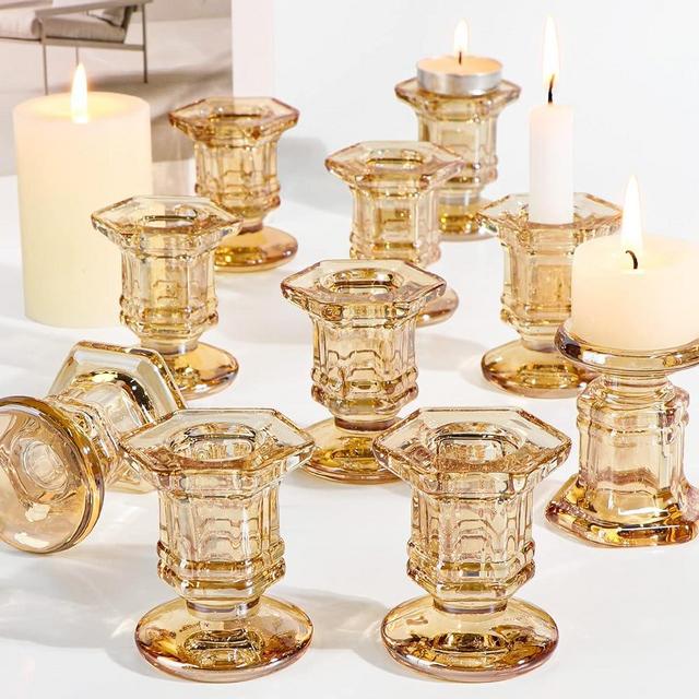 Lanttu Glass Candle Holders Set, 12 Pcs Amber Candlestick Holders Bulk, Taper Candle Holders for Wedding, Festival Table Centerpiece,Home Decoration