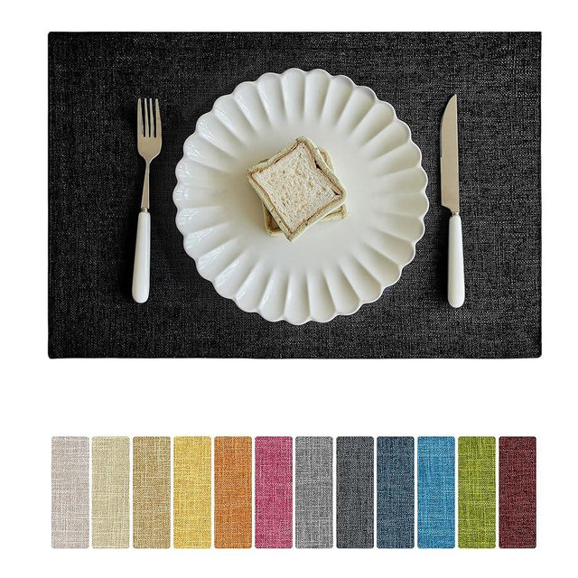Softalker Faux Linen Placemats Set of 4-12 x 18 Inch, Heat Resistant Double Layered Durable Burlap Farmhouse Place Mats, Non-Slip Washable Rustic Table Mats for Dining, Kitchen, Party（Black