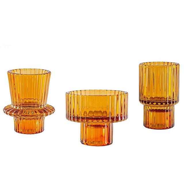 Lysenn Amber Glass Candle Holders for Pillar Candles, Taper Candles, Tealight Candles - Premium Multipurpose Candlestick Holders - Fits 7/8", 1.3", 1.5", 2" Candle - Decorative Candle Stand Set of 3