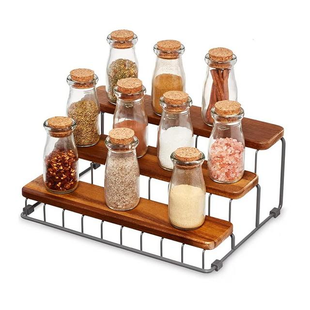 iDesign Ria Safford Collection Acacia Wood and Wire Three Organizer, 12" x 8.5" x 5", 3 Tier Spice Rack