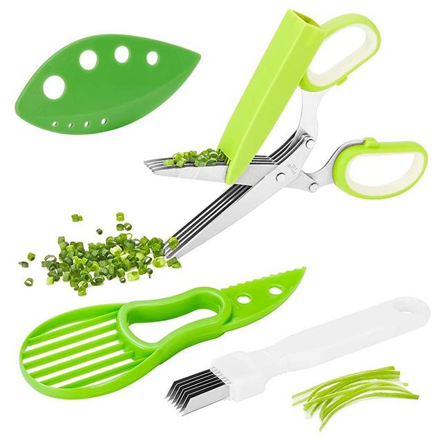 Herb Scissors Set, X-Chef Multipurpose 5 Blade Kitchen Herb Shears Herb Cutter with Safety Cover and Cleaning Comb for Chopping Basil Chive Parsley (Green)
