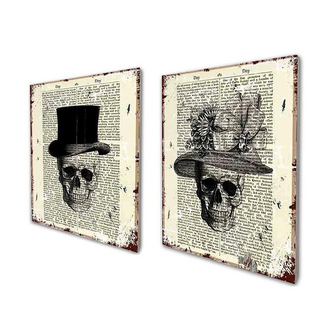akeke Skull Decor Vintage Dictionary Wood Wall Art Print Two Set - Skull Decorations Gentleman Lady Hat - Bone Art Wall Decor 8x10 inch Unframed Skull Couples Gifts for Women Men