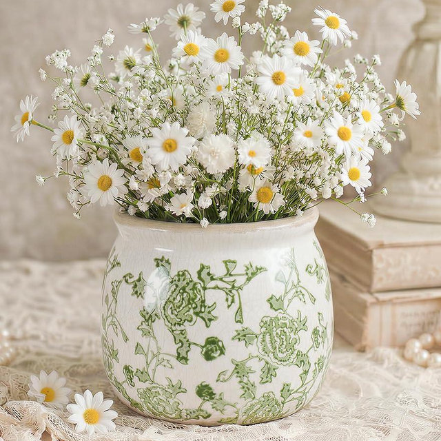 DREAMLOOM Vintage Ceramic Planter for Indoor Plants,6.1" Ice Crack Cottage Scroll Vase Tuscan Decor Flower Pots with Drainage Holes Home Kitchen Farmhouse Antique Decorative Gift (Green-Round)
