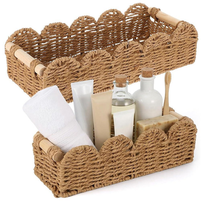 2 Pcs Toilet Paper Storage Basket, Beige Scalloped Edge Paper Rope Wicker Basket for Over Toilet Tank Top, Home Bathroom Bedroom Decor and Organization, Beige