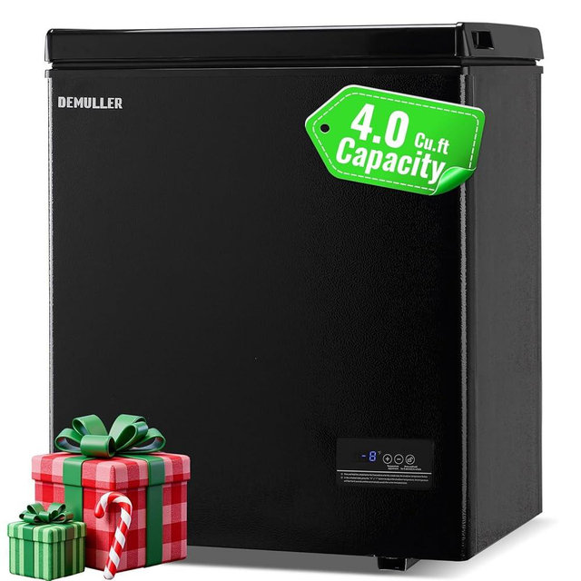 DEMULLER Chest Freezer with Electronic Panel, Accurate Temperature Display to 1 ℉ 4.0 Cu.ft Deep Freezing Machine with 2 Removable Baskets Suitable for Home Kitchen Apartment Black