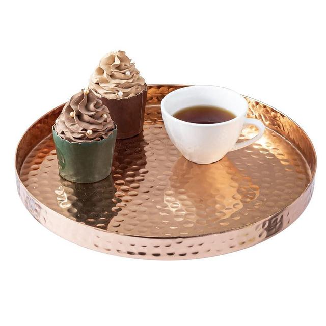 MyGift 11 Inch Deluxe Hammered Copper Round Decorative Tray - Aluminum Plated Serving Display Platter and Vanity Tray - Handcrafted in India