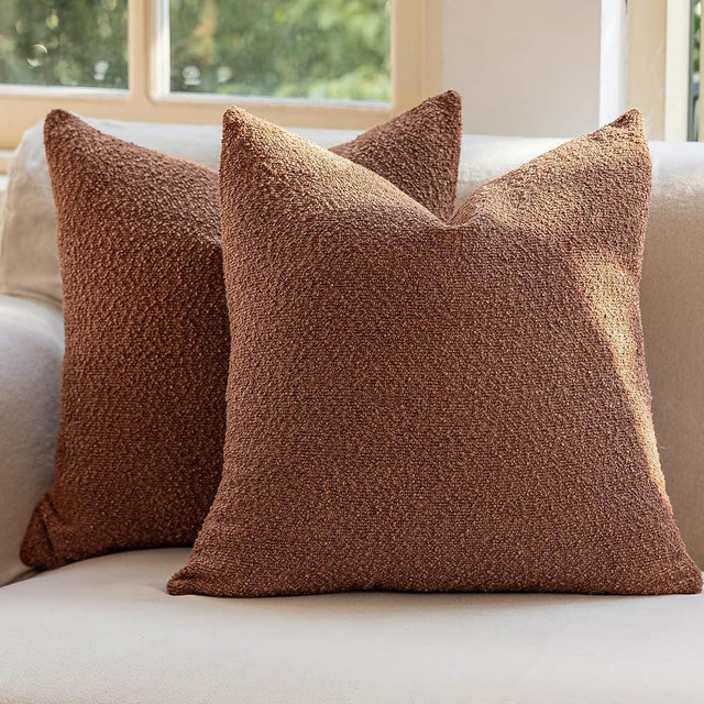 GEEORY Decorative Throw Pillow Covers 18x18 Inch Pack of 2,Textured Boucle Neutral Cushion Cases for Bed Couch Sofa, Accent Mordern Farmhouse Minimalist Home Decor (Tobacco Brown) GE06-18