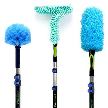 EVERSPROUT Duster 3-Pack with Extension-Pole (20+ Foot Reach) | Hand-Packaged Cobweb Duster, Microfiber Feather Duster, Flexible Microfiber Ceiling & Fan Duster | Aluminum Telescopic Pole