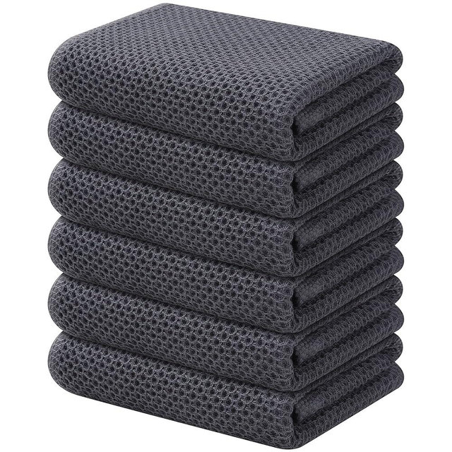 Kitinjoy 100% Cotton Waffle Weave Kitchen Towels, 6-Pack Super Soft and Absorbent Kitchen Dish Towels for Drying Dishes, Kitchen Hand Towels, 13 in x 28 in, Dark Grey