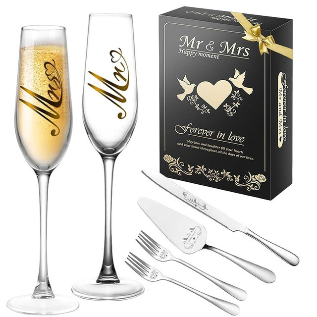 Mr and Mrs Champagne Flutes, Wedding Cake Knife and Server Set, Bride and Groom Champagne Glasses, Cake Cutting Set for Wedding, Bridal Shower Gifts, Engagement Gifts for Couples (Silver, Set of 6)