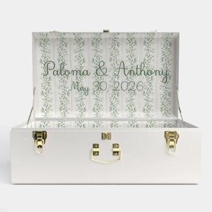 Grand Bridal Trunk (Color: White, Fabric: Darling Dogwood, Font: Miramar, Threat Color: Hunter Green)