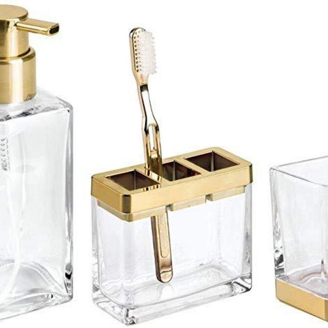 mDesign Bathroom Accessory Set for Vanity, Foaming Soap Dispenser, Toothbrush Holder, Tumbler - Set of 3, Clear/Soft Brass