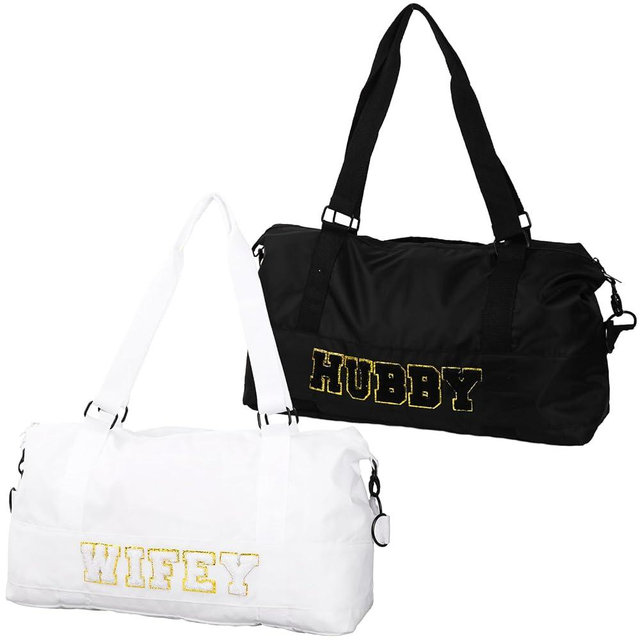 Whaline 2Pcs Wifey Hubby Duffle Bag Set White Black Waterproof Wedding Travel Bag Lightweight Weekender Tote Bag For Bridal Shower Honeymoon Party Organizer Supplies