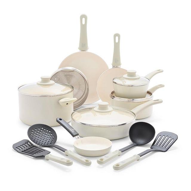 GreenLife Soft Grip Healthy Ceramic Nonstick 16 Piece Kitchen Cookware Pots and Frying Sauce Pans Set, PFAS-Free, Dishwasher Safe, Cream