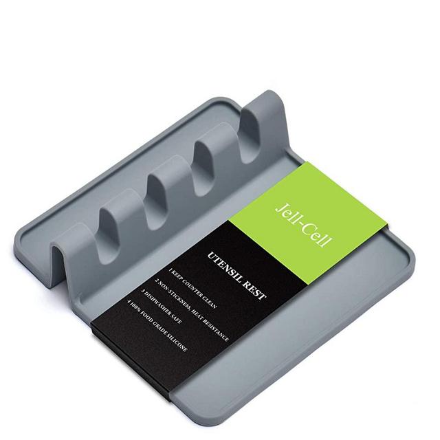 Silicone Multiple Utensil Rest with Drip Pad, Utensil Holder for Stove Top, Kitchen Spoon Rest & Spoon Holder for Brushes Spatulas Ladles Forks, BPA Free Heat Resistant Nice Gift by Jell-Cell (Grey)
