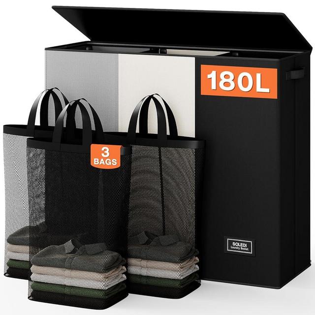 SOLEDI Laundry Hamper 3 section with lid and 3 Pcs Laundry Bag, Large Hamper 3 compartment 180L, Laundry Basket Laundry sorter Clothes hamper for Laundryroom Bedroom Blanket Storage Organizer